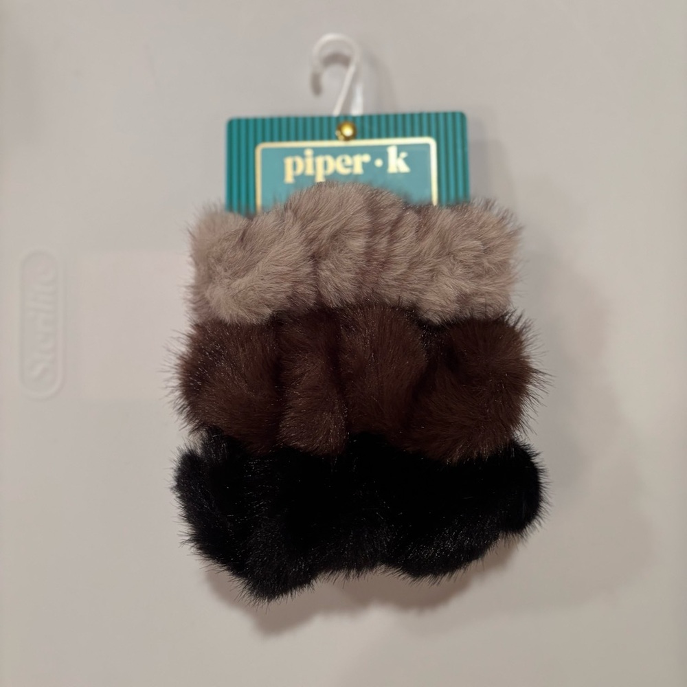 Piper K faux fur scrunchie hair ties / gray, brown, and black / NEW with tags